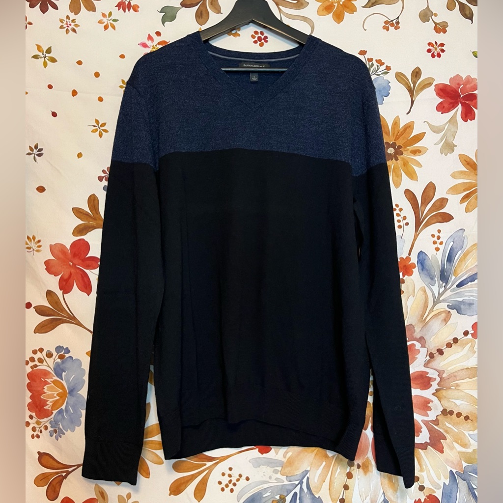 Banana Republic Women’s L V Neck Colorblock Blue Black 100% Merino Wool Sweater